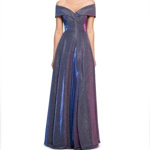 XSCAPE OFF THE SHOULDER SHIMMER STYLE DRESS